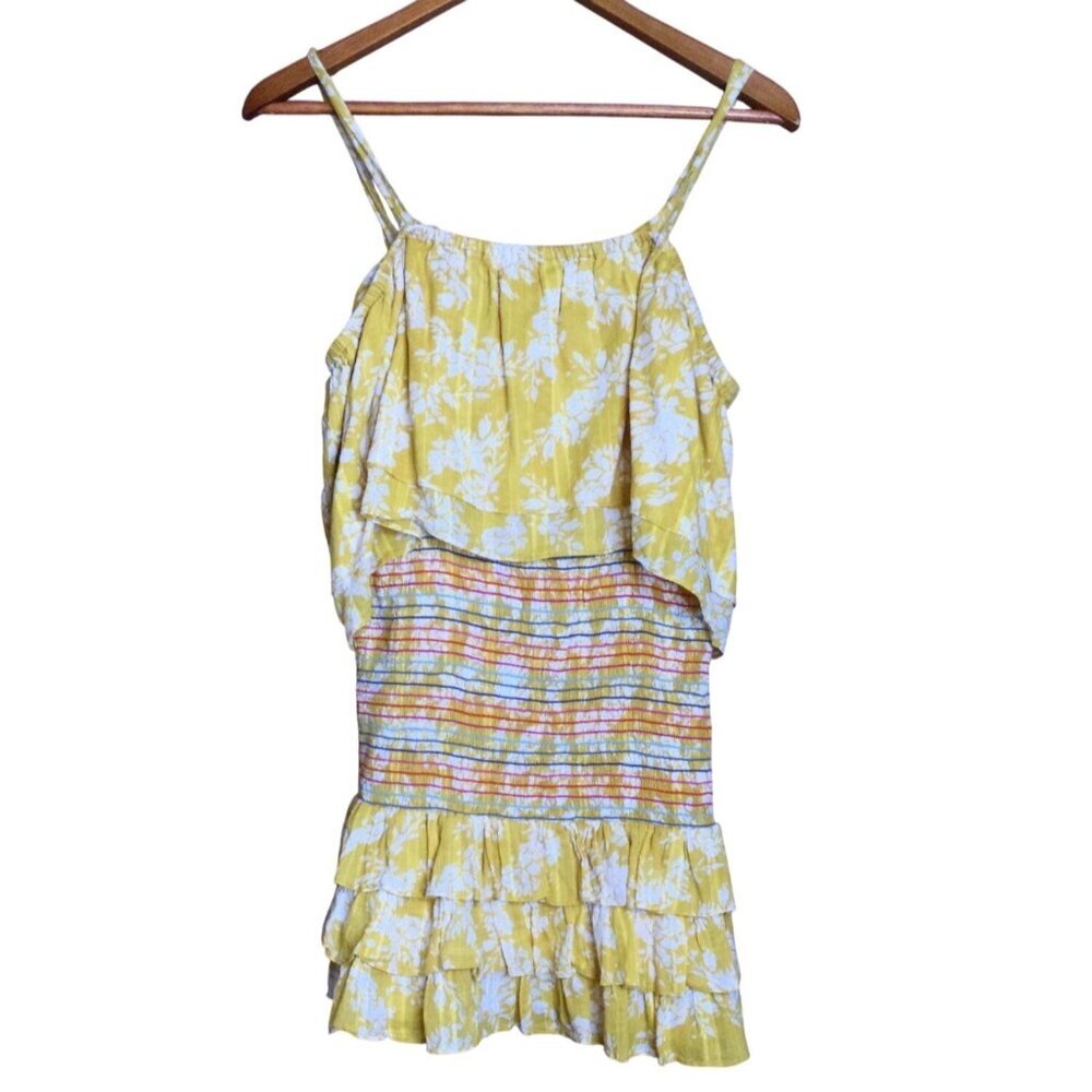 Tularosa Womens Roma Smocked Tiered Mini Dress Yellow Floral Ruffle Size S Cotta